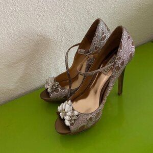 Badgley Mischka Silver/Brown Satin High Heel Peep Toe Rhinestones Size 7.5